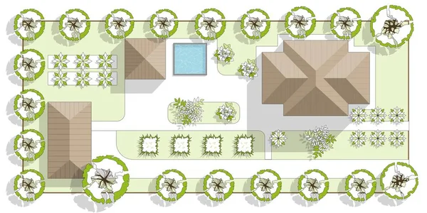 Top View Landscape Design Plan House Courtyard Lawn Garage Highly — Vetor de Stock