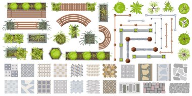Manzara tasarımı için mimari unsurlar üst görünüm. Dış mobilya, çit, ağaçlar, çit ve fayans seti proje, plan, harita, avlu için. Banklar, sandalye, masa, saksıda bitki. Vektör kiti düz
