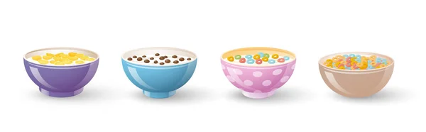 Conjunto Diferentes Cereales Chocolate Desayuno Cuencos Colores Copos Maíz Bola — Archivo Imágenes Vectoriales