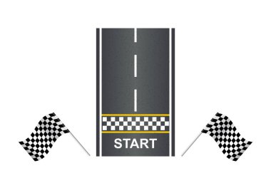 Bayraklı yarış pisti ve başlangıç çizgisi üst görünümü. Yol tasarım şablonu düz stil arka planda. Yarış pistinde başlangıç çizgisi ve bayrakları var. Vektör Kart yarış planı. Soyut konsept grafik ögesi