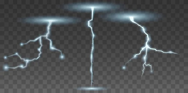 Realistisch Onweer Bliksemschicht Lightning Collectie Blauwe Transparante Achtergrond Het Effect — Stockvector