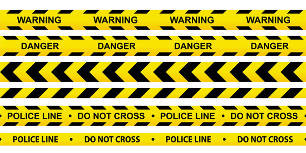 Caution tape set. Police line and do not cross ribbons. Yellow warning danger tapes. Abstract warning lines for police, accident, under construction. Horizontal seamless borders. Vector illustration