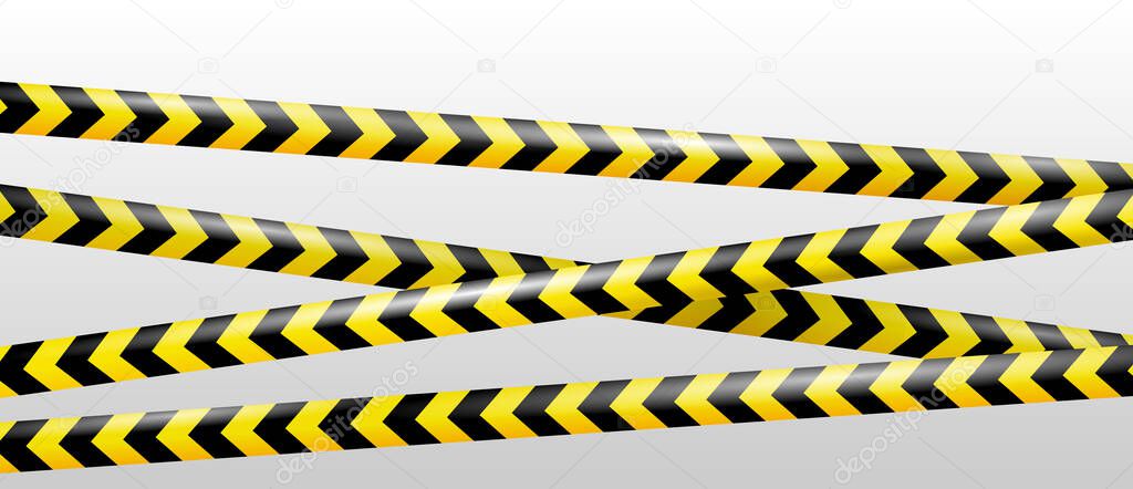 Realistic crossing caution tape of warning signs for crime scene or construction area in yellow. Police line and do not cross ribbon. Warning danger tape. Ribbons for accident, under construction