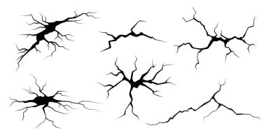 Yüzey çatlakları ve çatlaklar yer, beton, felaket manzarasından yarıklar. Beyaz arka planda izole edilmiş deprem nedeniyle kara yüzeyindeki kırıklar. Kırık zemin, duvar, cam desen etkisi. Hasar