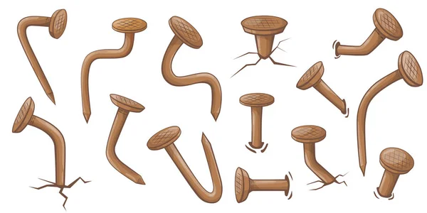 Çizgi filmdeki paslı çiviler. İzole edilmiş eski metal çiviler. Marangozluk kavramı beyaz arka planda izole edilmiş. Yapı vektörü illüstrasyonu