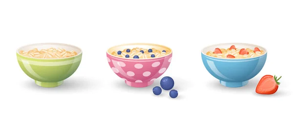 Oatmeal Porridge Berries Plates Oats Boiled Porridge Healthy Food Set — Stock Vector