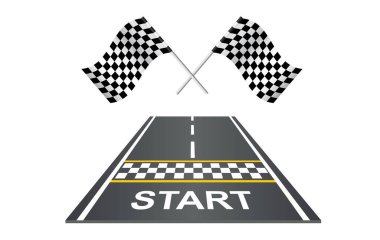 Bayraklı yarış pisti ve başlangıç çizgisi perspektifi. Yol tasarım şablonu düz stil arka planda. Yarış pistinde başlangıç çizgisi ve bayrakları var. Vektör Kart yarışı. Soyut konsept grafik ögesi