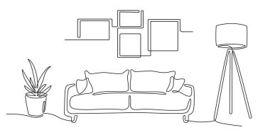 Kanepe, bitki, lamba ve fotoğraf için çerçeve ile aralıksız iç hat. Modern mobilya dokunuşlu bir oturma odası çizimi. Tek sıra. El hatları. Saksıda çiçek. Doodle vektörü