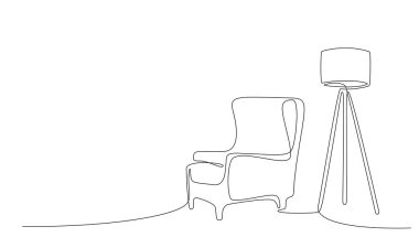 Koltuk ve yer lambasıyla aralıksız tek sıra halinde. Modern mobilya dokunuşlu oturma odasının tek sıra çizimi. El hatları. Doodle vektörü