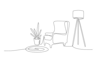 Koltuk, bitki, yer lambası ve halı ile iç hatlar kesintisiz. Modern mobilya dokunuşlu bir oturma odası çizimi. Tek sıra. El hatları. Saksıda çiçek. Doodle vektörü