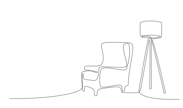 Непрерывный Интерьер One Line Креслом Напольной Лампой Однолинейный Рисунок Гостиной — стоковый вектор