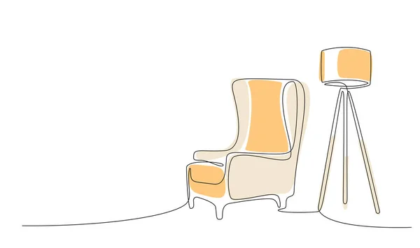 Непрерывная Линия Рисования Кресла Лампы Одна Линия Интерьера Жилая Комната — стоковый вектор