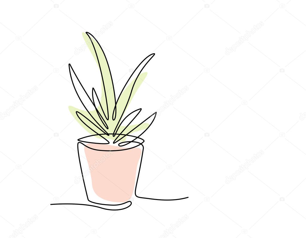 One line drawing of House plant in pot with color shapes. Continuous line handdrawn of Beautiful flower Isolated. Minimalist Vector illustration of tree. Editable stroke