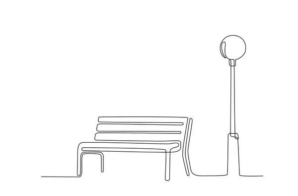 Однолинейный Рисунок Скамейки Фонаря Парке Непрерывная Линия Деревянная Наружная Мебель — стоковый вектор