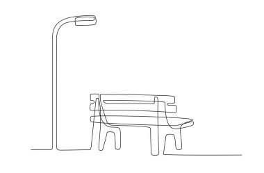 Continuous line drawing of Bench and lantern in park. One line outdoor exterior. Line art minimalism style drawing. Wooden outdoor furniture for relax. Single line illustration. Handdraw doodle vector