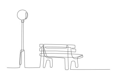 Continuous line drawing of Bench and lantern in park. Line art style. One line minimalism style drawing. Wooden outdoor furniture for relax. Single line illustration. Handdraw doodle vector