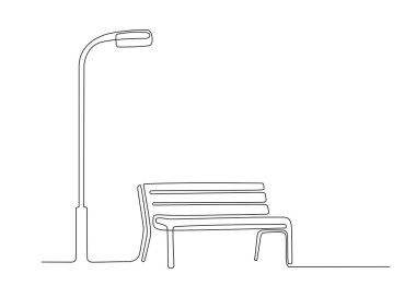 Continuous line drawing of Bench and lantern in park. Line art style. One line minimalism style drawing. Wooden outdoor furniture for relax. Single line illustration. Handdraw doodle vector