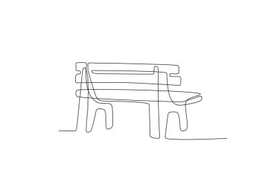 Bench in line art style. Continuous one line minimalism style drawing. Wooden furniture for outdoor relax. Single line illustration in perspective view. Handdraw contour. Doodle vector