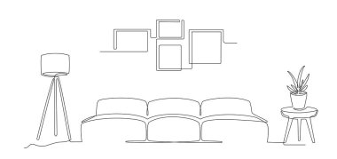 Kanepe, bitki, lamba ve fotoğraf için çerçeve ile aralıksız iç hat. Modern mobilya dokunuşlu bir oturma odası çizimi. Tek sıra. El hatları. Saksıda çiçek. Doodle vektörü