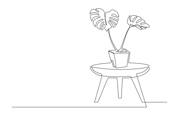 Непрерывная Линия Рисования Дома Растение Монстра Горшке Столе Стиль Линейного — стоковый вектор