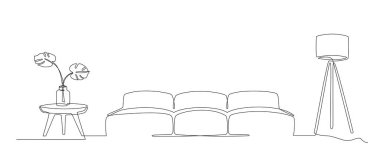 Kanepe, bitki ve lamba ile aralıksız iç hat. Modern mobilyalarla oturma odasının bir çizimi. Tek sıra mobilya. El çizimi çizgisi. Ampul, saksıda çiçek. Düzenlenebilir felç. Doodle vektörü