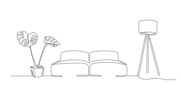 Interior Sofa Plant Lamp Continuous Line Style One Line Drawing — Wektor stockowy