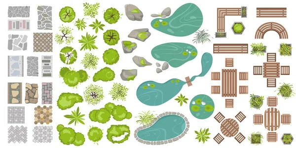 Set Architectural and Landscape elements top view. Collection of houses, garden plants, trees, ponds, outdoor furniture, footpath tile, tables, benches, chairs for landscape design. Vector. View above