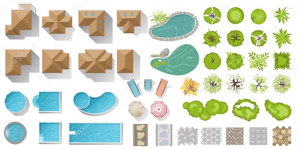 Set Architectural and Landscape elements top viewfor city map. Collection of houses, garden plants, trees, ponds, outdoor furniture, footpath tile, bushes for landscape design. Vector. View above
