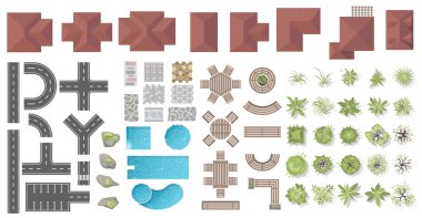 Architectural and Landscape elements top view for town, village. Collection of houses, plants, garden, tree, road element, swimming pool, outdoor furniture, tile. Kit of objects view from above