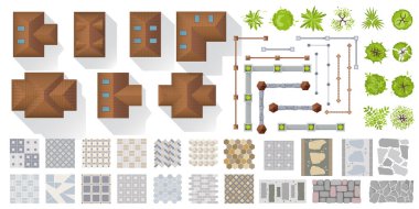 Architectural and Landscape elements top view for town, village. Set of houses, plants, garden, fence, trees, tile path for project, plan, map, yard. Collection of objects View from above. Vector kit