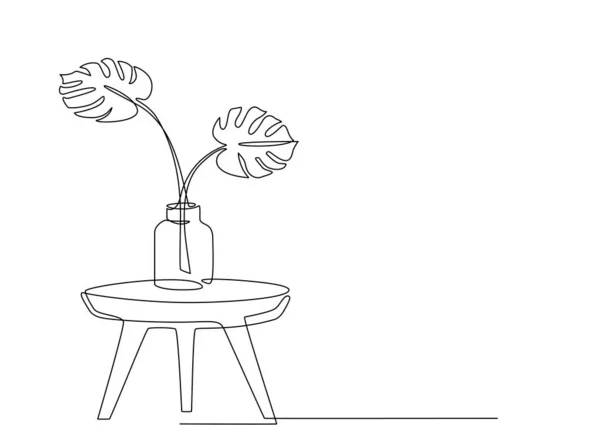 Одна Линия Рисунка Дома Растения Монстра Вазе Столе Непрерывная Линия — стоковый вектор