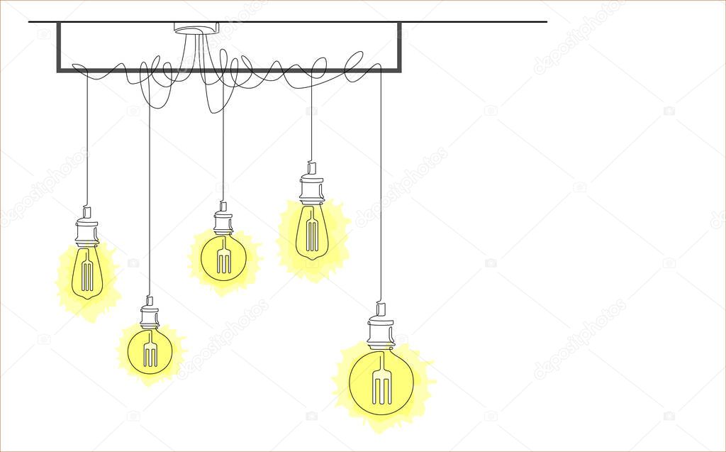 One line drawing of modern loft style chandelier with pendant lamps with Edison bulbs. Continuous line drawing of shining lightbulbs in doodle style. Horizontal vector illustration with place for text