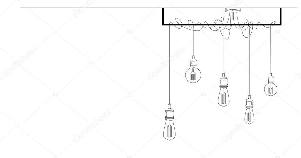One line drawing of modern loft chandelier with pendant lamps with Edison bulbs. Continuous line illustration of lightbulbs in lineart style. Horizontal vector Minimalist design background