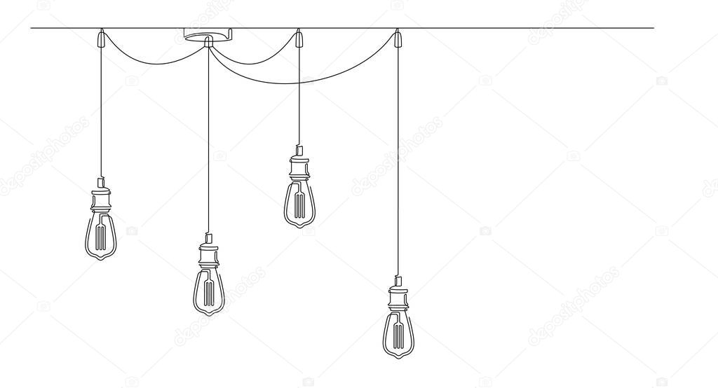Continuous line lamps and Edison bulbs. One single line drawing of modern loft chandelier with lightbulbs in lineart style. Minimalist design background Horizontal vector illustration. Place for text