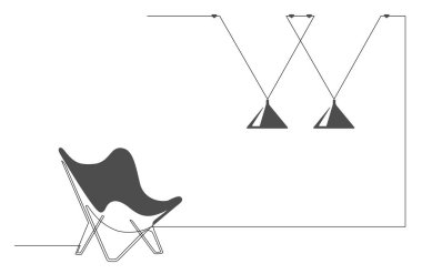 Continuous One line interior with armchair and lamp. Single line drawing of Living room with modern furniture and lampshades editable stroke. Handdraw contour. Template for Banner. Doodle Vector