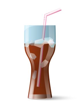 Black soda in transparent glass on white background. Refreshing Fizzy drinks poured in glasses refreshing vector illustration. Fast food drink symbol. Cartoon style.Ice and cold cola soda soft drink