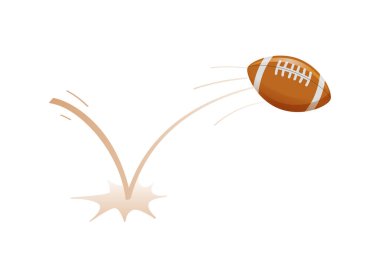 Bouncing rugby game ball with trajectory jumps on the ground. Rugby accessories. Bounce ball. Sport playing equipment. Inflatable Rugby game symbol. Flat vector isolated design element