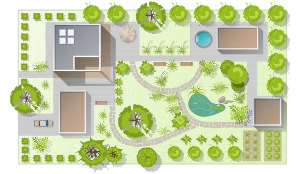 Top view landscape design plan with house, courtyard, lawn, garage. Highly detailed plan of country with modern cottage of villa with pond, pool. Vector illustration of Cityscape, Map of town, village