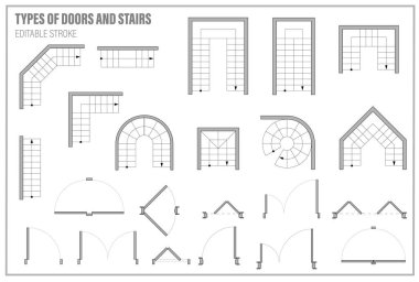 Door, stair for floor plan top view. Architectural element set for scheme of apartments. Kit of icons for interior project. Construction symbol, graphic design element, blueprint. Vector illustration
