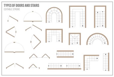 Set of doors and stairs for floor plan top view. Kit of icons for interior project. Architectural elements for scheme of apartments. Construction symbol, graphic design element, blueprint. Vector