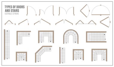 Set of doors and stairs for floor plan top view. Kit of icons for interior project. Architectural elements for scheme of apartments. Construction symbol, graphic design element, blueprint. Vector