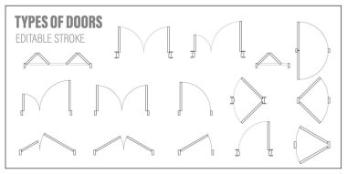Set of doors for floor plan top view. Architectural kit of icons for interior project. Door for scheme of apartments. Construction symbol, graphic design element, blueprint, map. Vector illustration