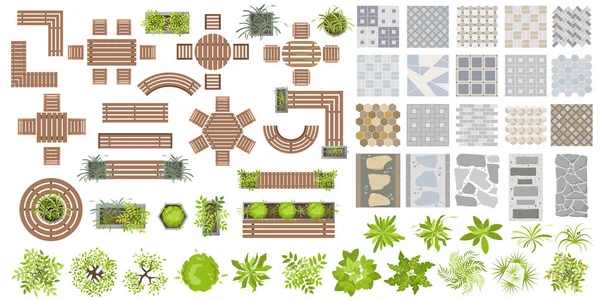 Set Elements Landscape Design Top View Collection Outdoor Furniture Trees — Vector de stock