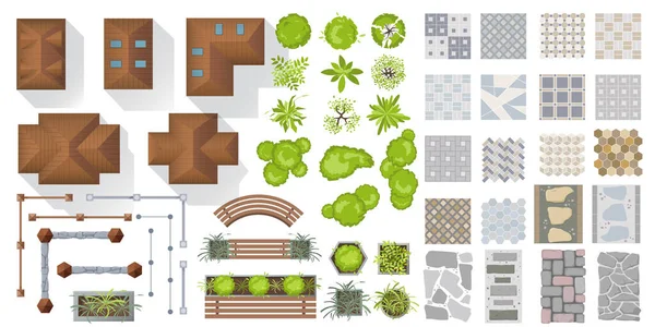 Architectural Landscape Elements Top View Town Village Set Houses Plants — Vettoriale Stock