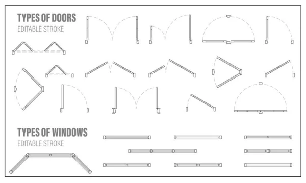 Kat planı için pencere ve kapı mimari unsurları. Dairelerin düzeni için vektör ayarlandı. İç proje için simge seti. Yukarıdaki plan görünümü için yapısal grafik tasarım sembolü