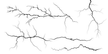 Yüzey çatlakları ve çatlaklar yer, beton, felaket manzarasından yarıklar. Beyaz arka planda izole edilmiş deprem nedeniyle kara yüzeyindeki kırıklar. Kırık zemin, duvar, cam desen etkisi. Hasar