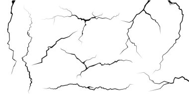 Yüzey çatlakları ve çatlaklar yer, beton, felaket manzarasından yarıklar. Beyaz arka planda izole edilmiş deprem nedeniyle kara yüzeyindeki kırıklar. Kırık zemin, duvar, cam desen etkisi. Hasar