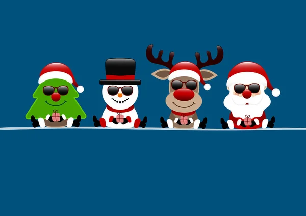 Carte Arbre Snowman Reindeer Santa Claus Lunettes Soleil Bleu Foncé — Image vectorielle