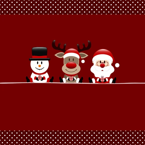 Square Snowman Reindeer Santa Claus Border Dots Dark Red — Stock Vector