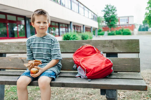 Schoolboy Sits Bench Recess Eats Healthy Sandwich Apple Snack While — Fotografia de Stock
